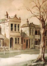 Carlton. Original watercolour by George Havrillay. Photo taken in the 1980s. 