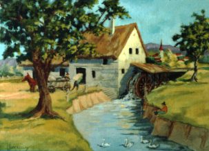 Water Mill. Original painting by George Havrillay.