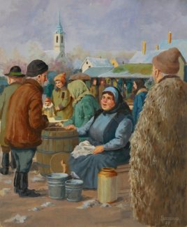 Hungarian Market Seller. Original painting by George Havrillay.