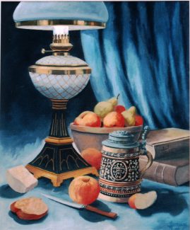 Lamp and Stein - Original still life painting by George Havrillay.