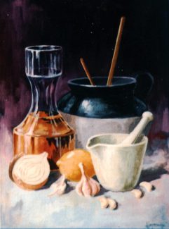 Mortar and Garlic - Original still life painting by George Havrillay.